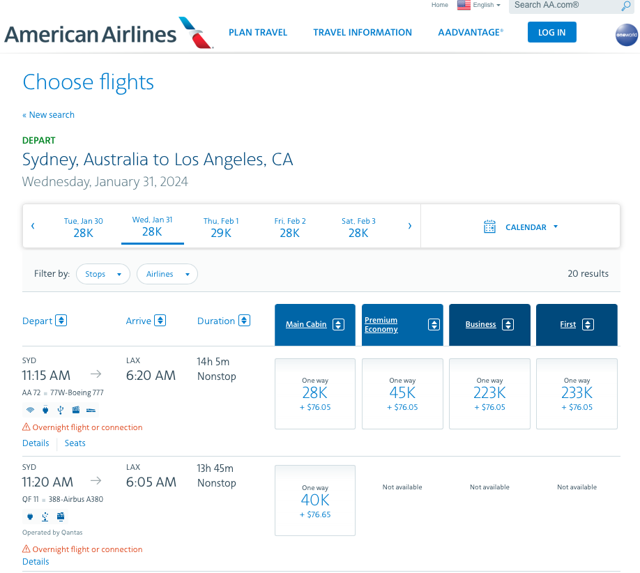 AA72 Premium Economy award availability on the American Airlines website