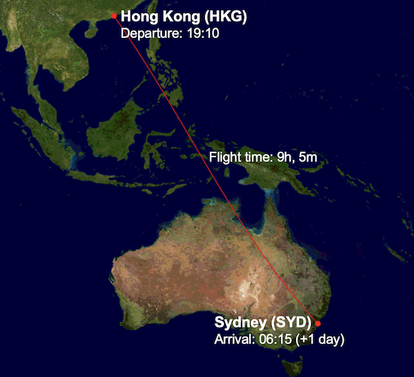 CX111 route map from Hong Kong to Sydney