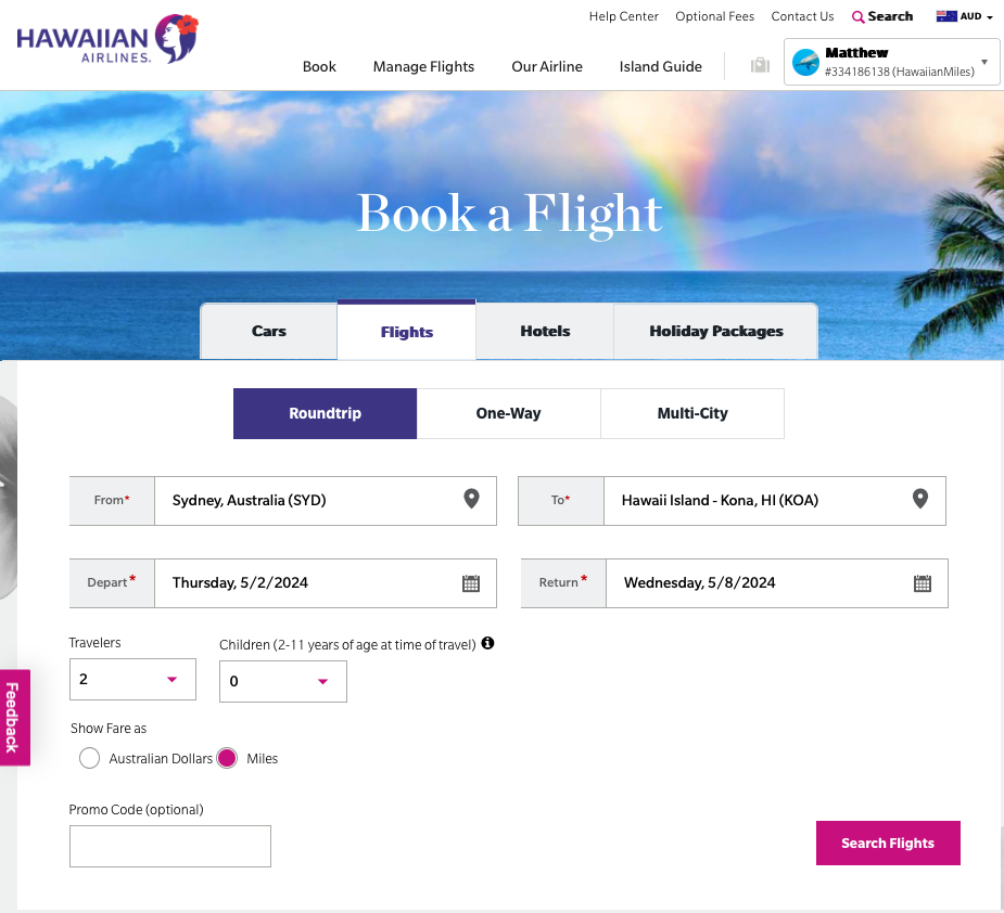 Booking a flight on the Hawaiian Airlines website