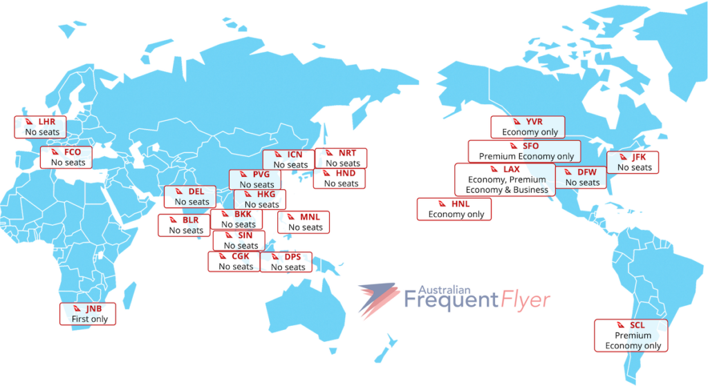 Map showing overview of award availability to Qantas long-haul destinations at the release date, as of September 2023.