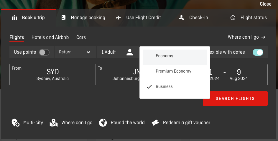 Qantas website Business Class search for SYD-JNB flights