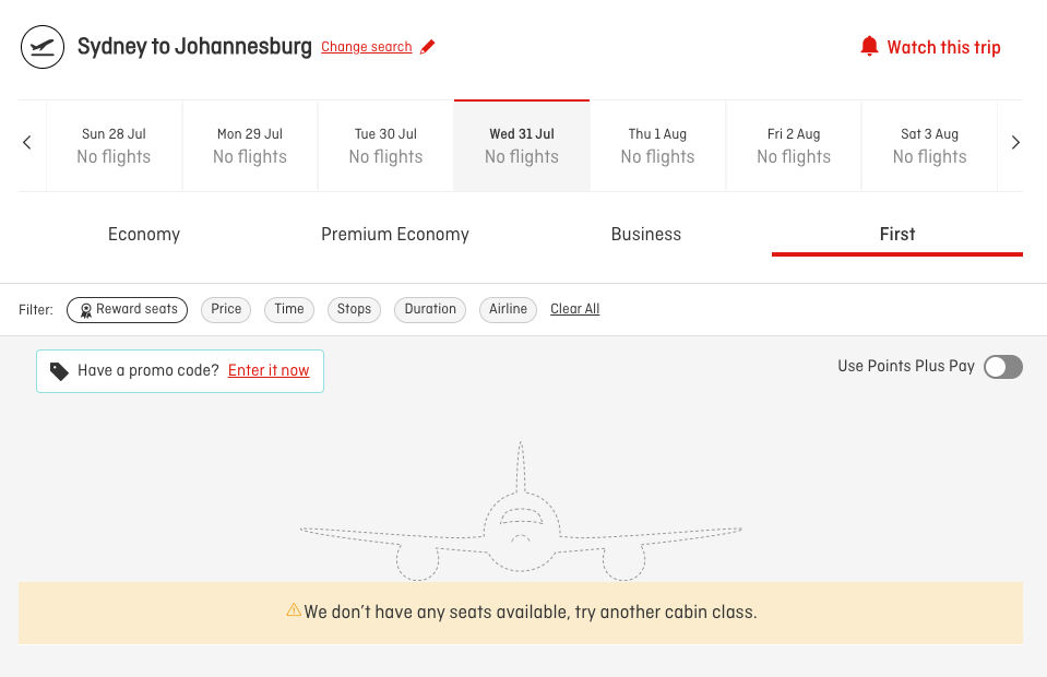 Qantas website shows no first class seats from Sydney to Johannesburg