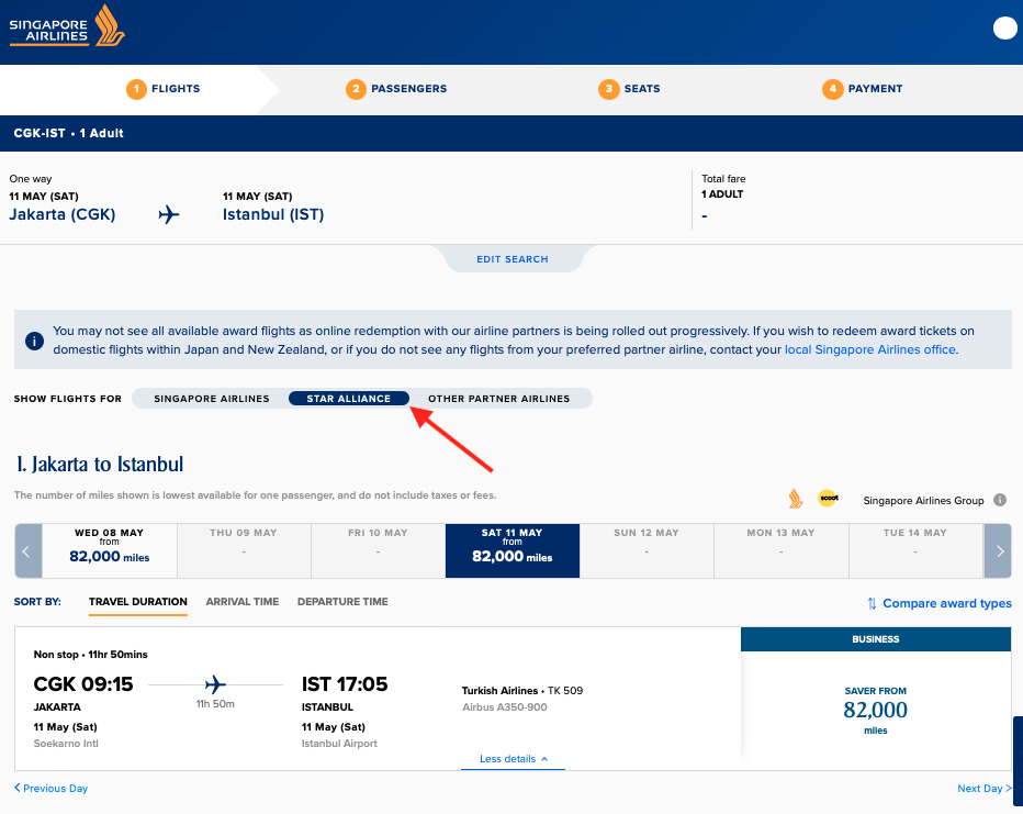 Show award flights for Star Alliance on the Singapore Airlines website
