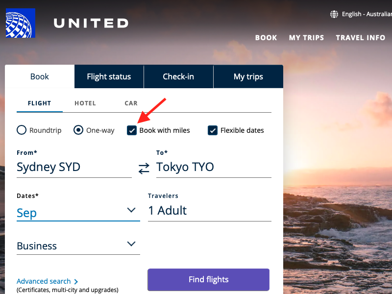 Searching for SYD-TYO award availability on the United Airlines website