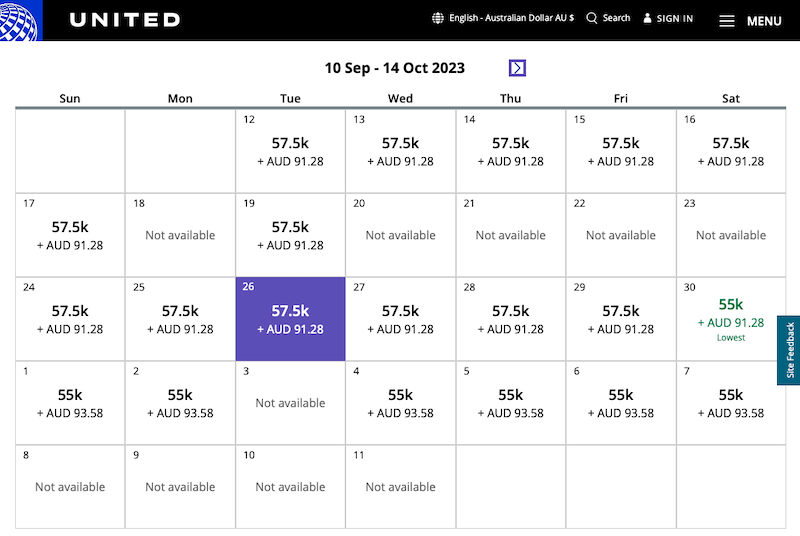 Award availability calendar on the United website.