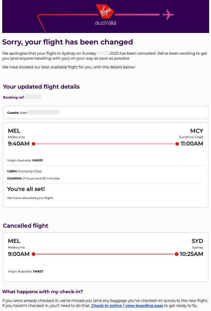 Email received from Virgin Australia advising a flight change