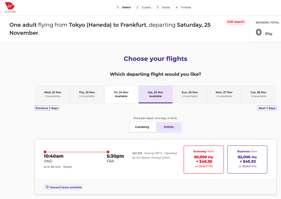 All Nippon Airways HND-FRA reward available to book on the Virgin Australia website using Velocity points