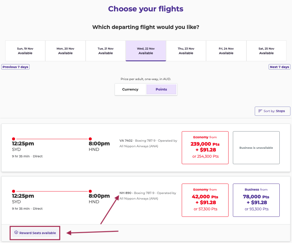 All Nippon Airways reward seats from SYD to HND available on the Virgin Australia website