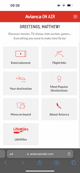 Avianca IFE app screenshot