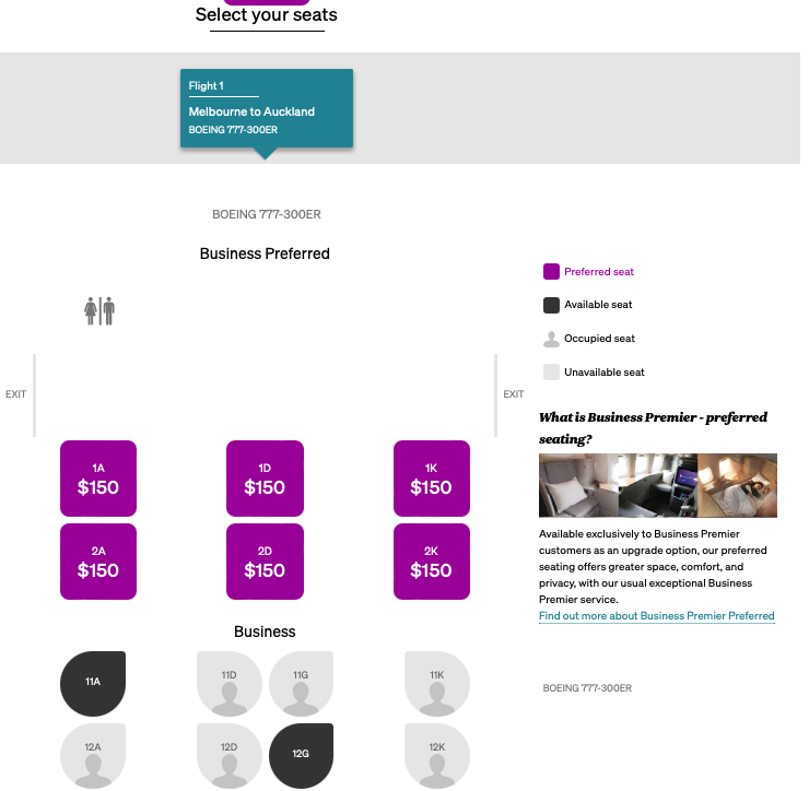 Air New Zealand website showing Business Premier Preferred seats available for selection