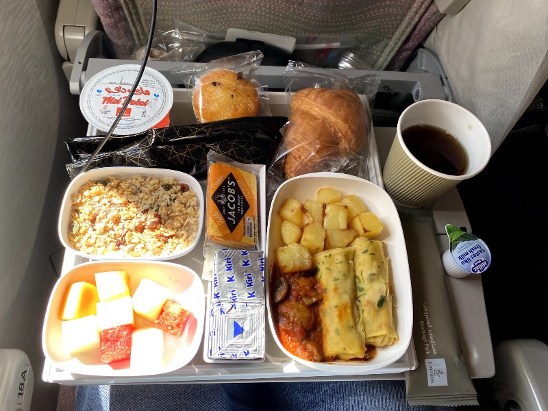 Comprehensive Emirates Economy Class breakfast on a flight from Dubai to Addis Ababa