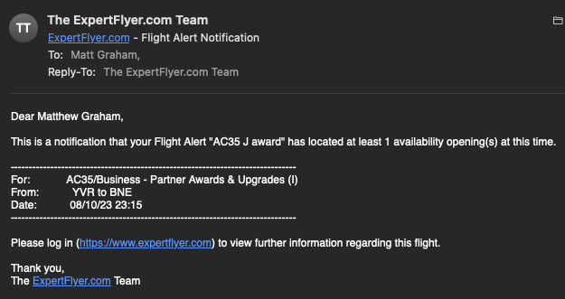 ExpertFlyer award seat alert notification email