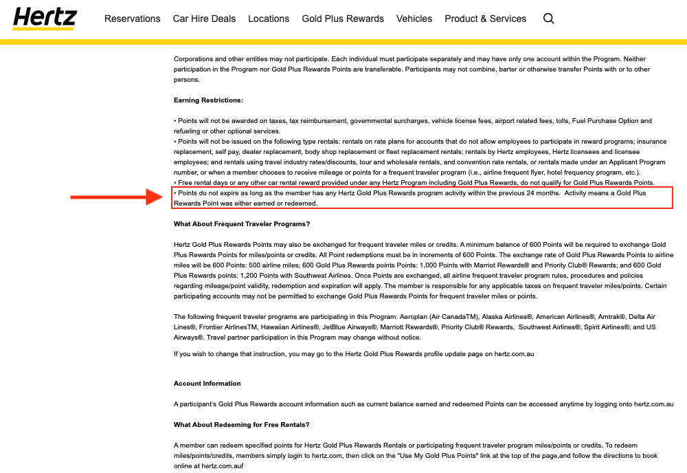 Excerpt from the Hertz Gold Plus Rewards terms & conditions taken in October 2023