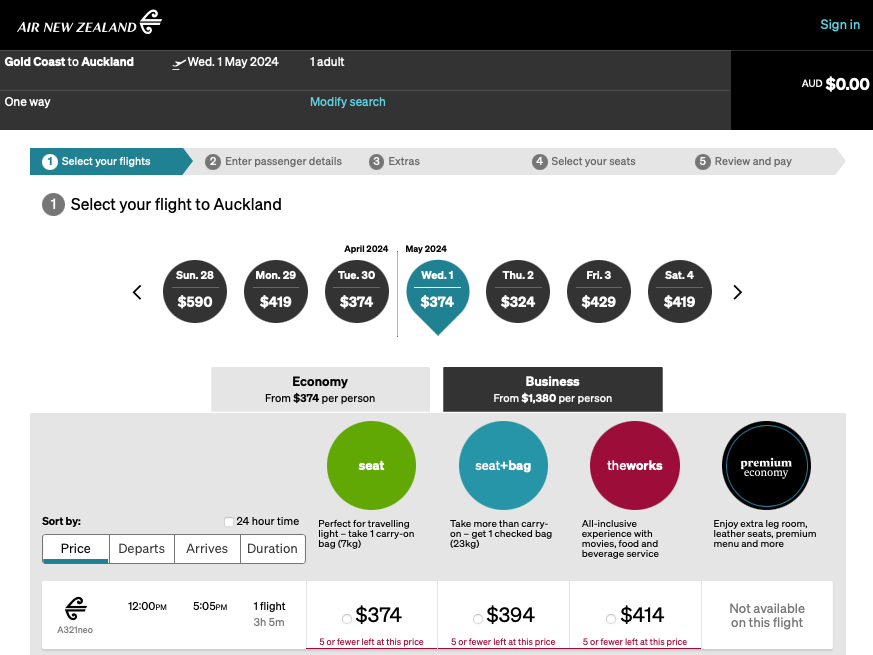 Air New Zealand OOL-AKL fare options online with Works Deluxe removed