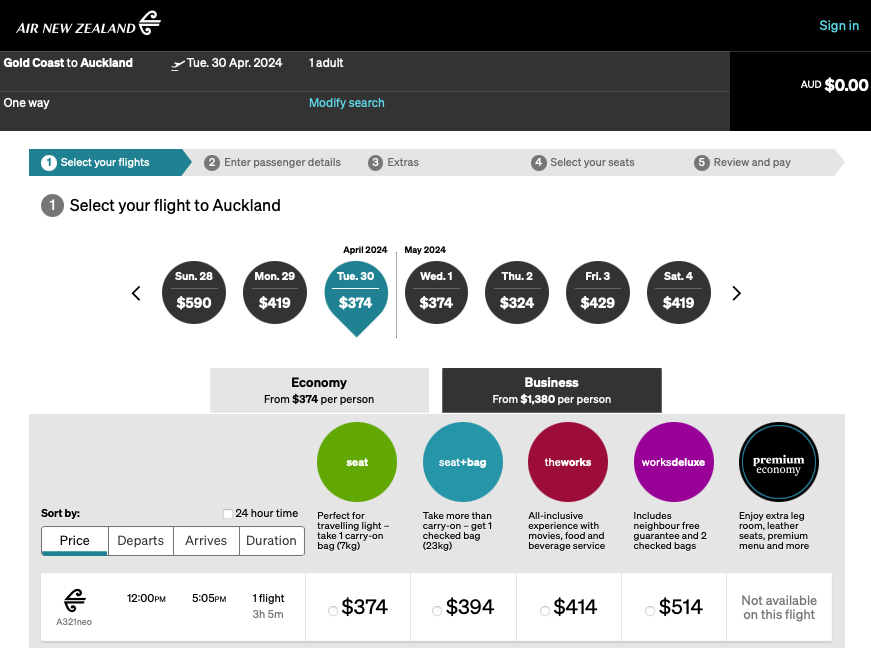 Air New Zealand OOL-AKL fare options online
