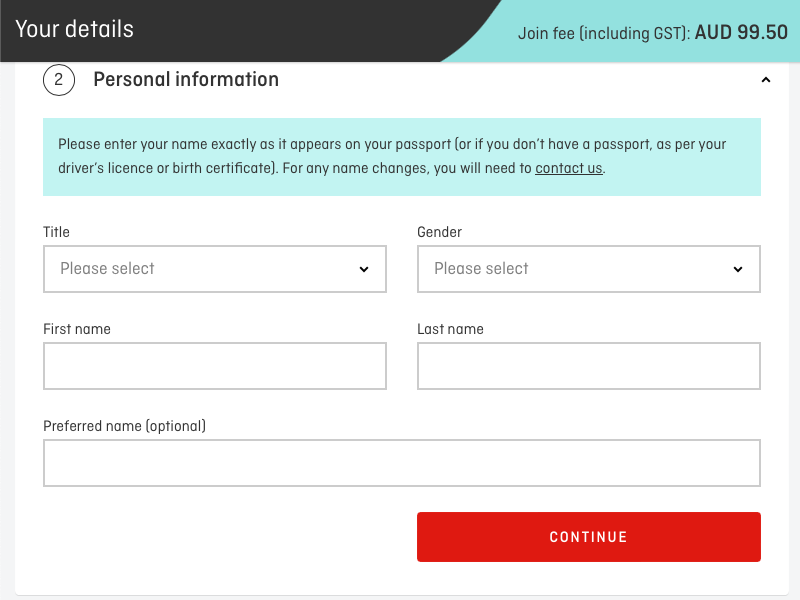 Qantas Frequent Flyer joining form with personal details entry