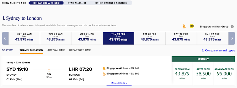 Example of a Singapore Airlines promo award SYD-LHR