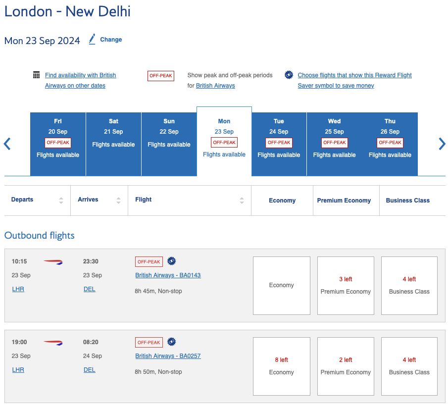 BA award availability LHR-DEL on the British Airways website