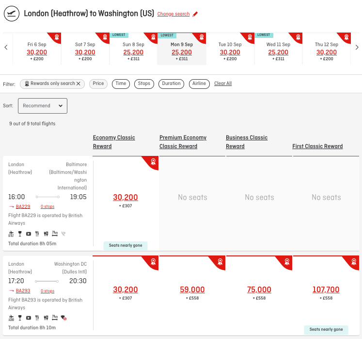BA award availability LHR-WAS on the Qantas website