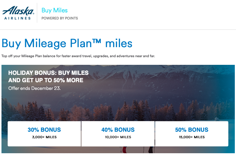 Alaska Airlines "Buy Mileage Plan miles" promotion until 23 December 2023 with 30%, 40% or 50% bonus miles available