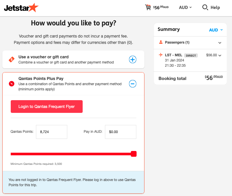 Jetstar Points Plus Pay on the payment page