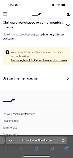 Finnair's on-board wifi system doesn't recognise frequent flyers of partner airlines