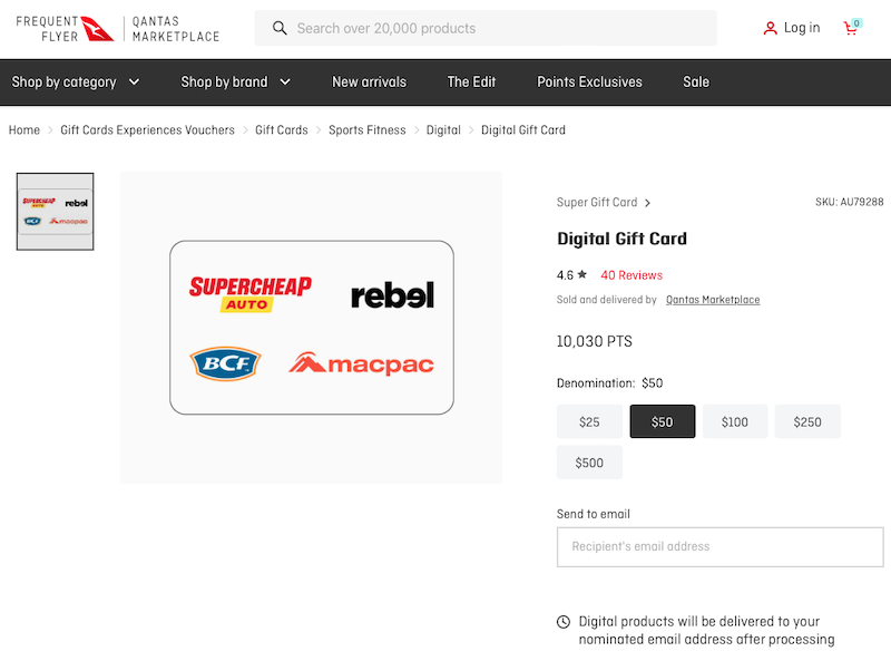 Digital gift card for sale on Qantas Marketplace