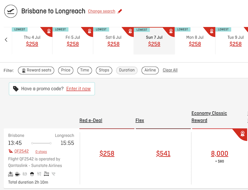 Qantas Classic Flight Reward pricing from BNE to LRE