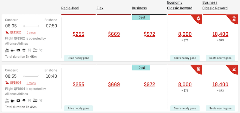 Qantas Classic Reward pricing compared to airfares on CBR-BNE route