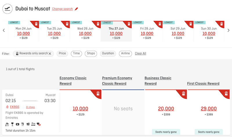 Qantas DXB-MCT Classic Flight Reward pricing