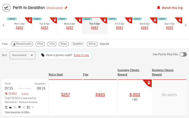 Qantas PER-GET Classic Flight Reward pricing