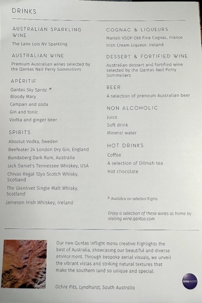 Qantas Premium Economy drinks list on QF27