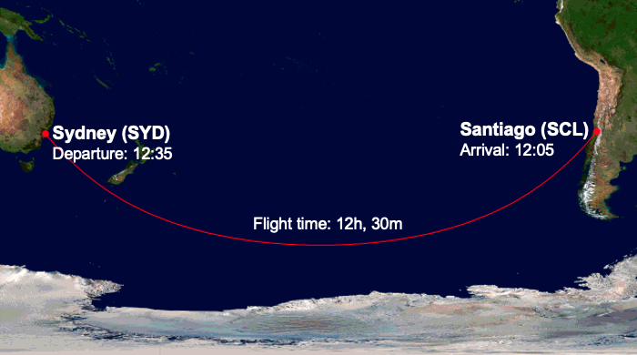 QF27 route map from Sydney to Santiago