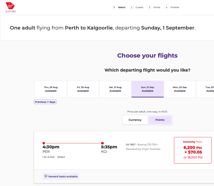 Velocity PER-KGI reward seat showing on the Virgin Australia website