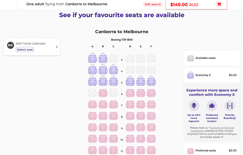 Virgin Australia seat selection map on a CBR-MEL flight for a Velocity Platinum member