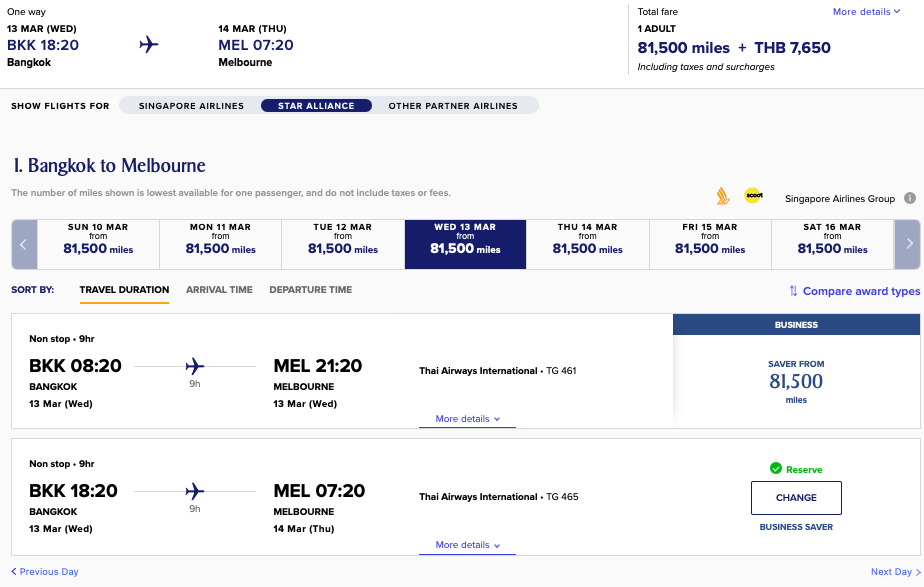 Singapore Airlines website showing KrisFlyer Business Saver award availability on Star Alliance from BKK to MEL