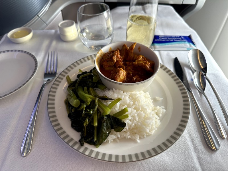 Main meal of Malay style braised chicken in chilli sauce in SQ business class