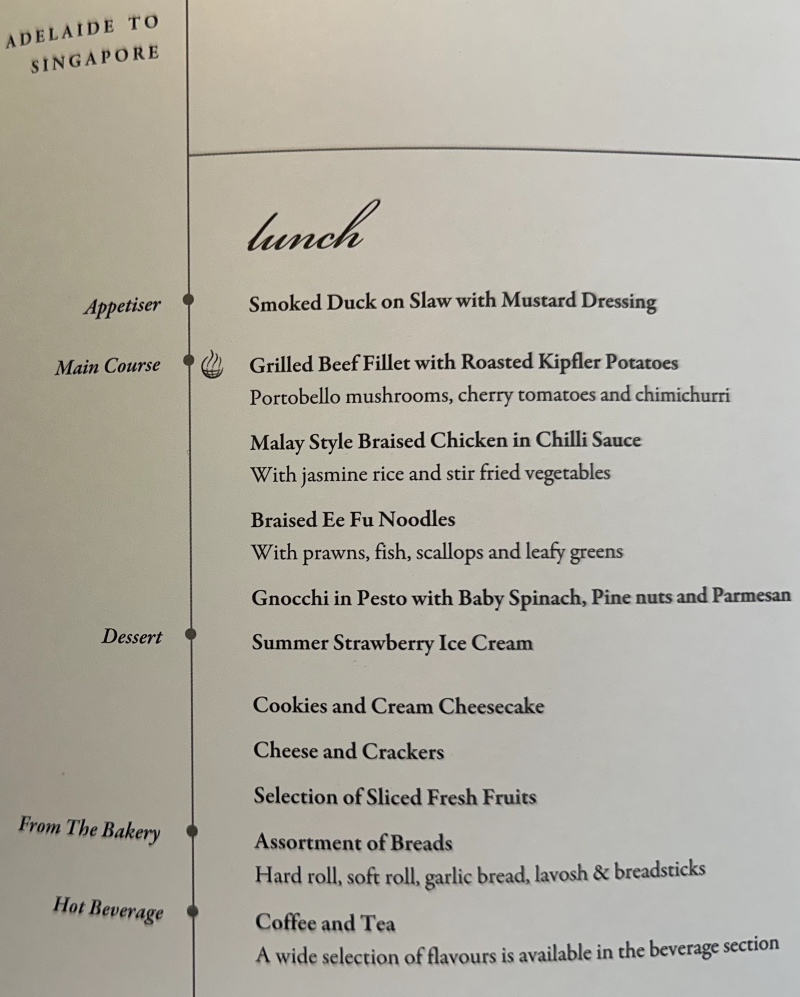 Business Class lunch menu on SQ278 from Adelaide to Singapore