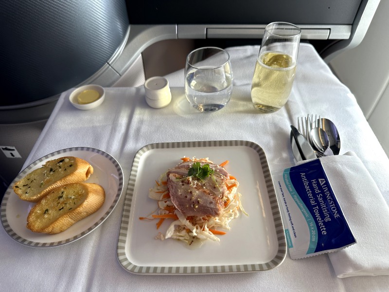 Appetiser of smoked duck on slaw with mustard dressing in Singapore Airlines business class
