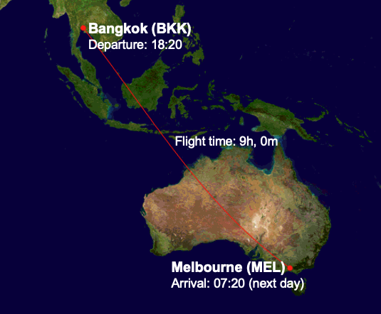 TG465 route map from Bangkok (BKK) to Melbourne (MEL)