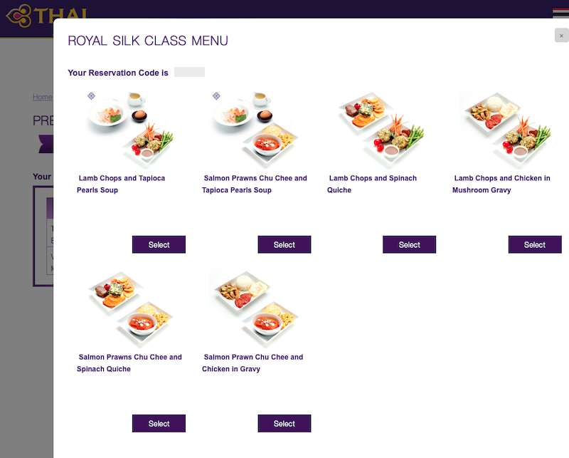 Thai Airways provides the option to pre-order your meals online in Royal Silk Class
