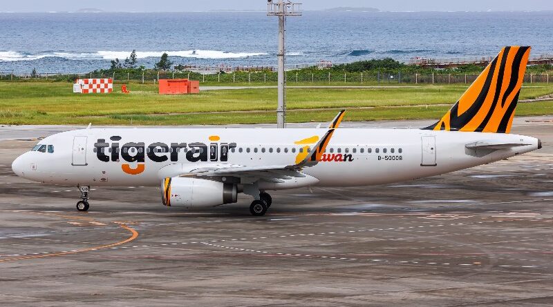 Okinawa, Japan - October 3, 2023: Tigerair Taiwan Airbus A320 airplane at Okinawa Naha Airport (OKA) in Japan.