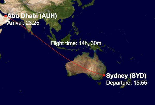 EY451 route map from SYD to AUH