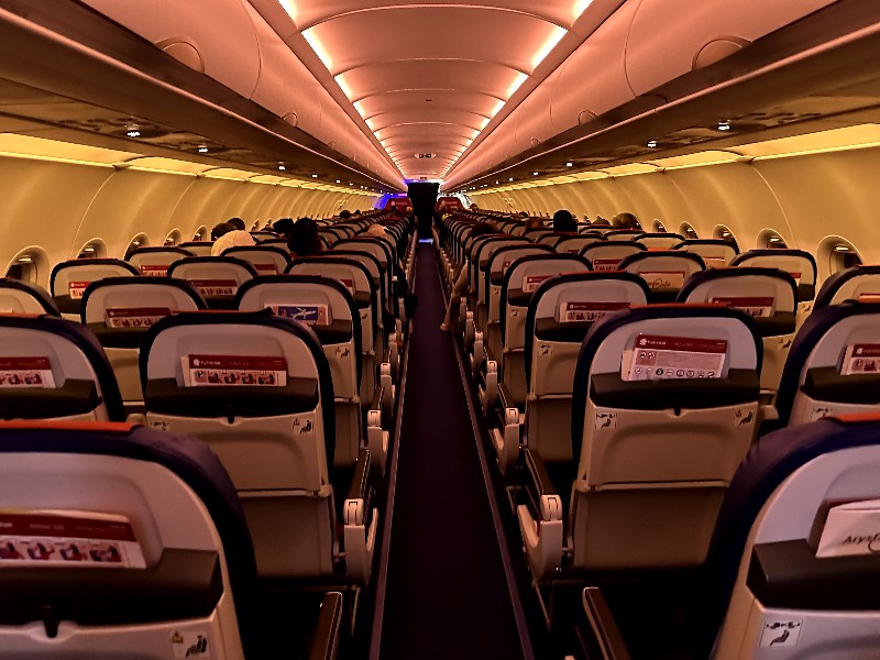 The FlyArystan Airbus A320 Economy cabin with mood lighting