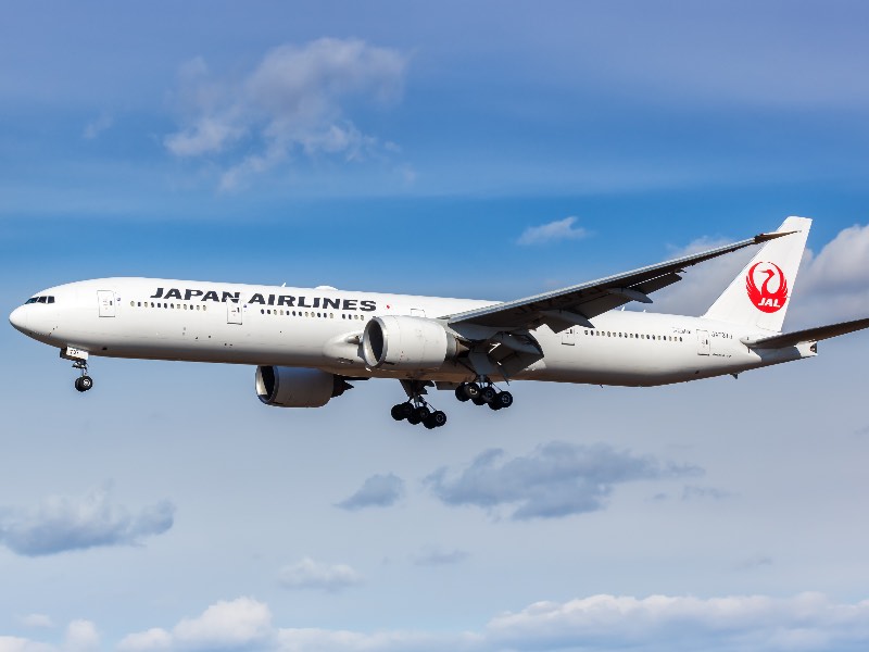 New York City, New York - February 29, 2020: Japan Airlines Boeing 777-300ER airplane at New York JFK Airport in the United States.