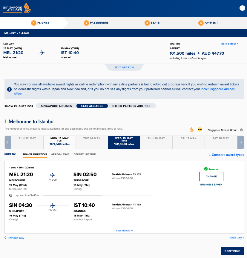 TK169 award availability on the Singapore Airlines website