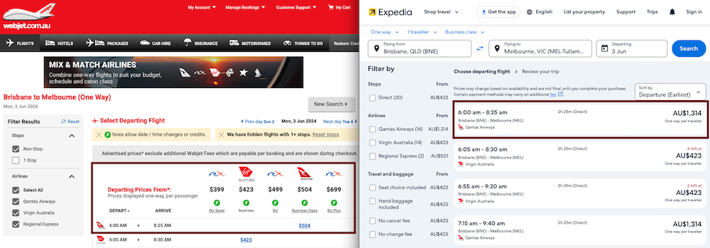 Comparison of business class airfares on Webjet vs Expedia