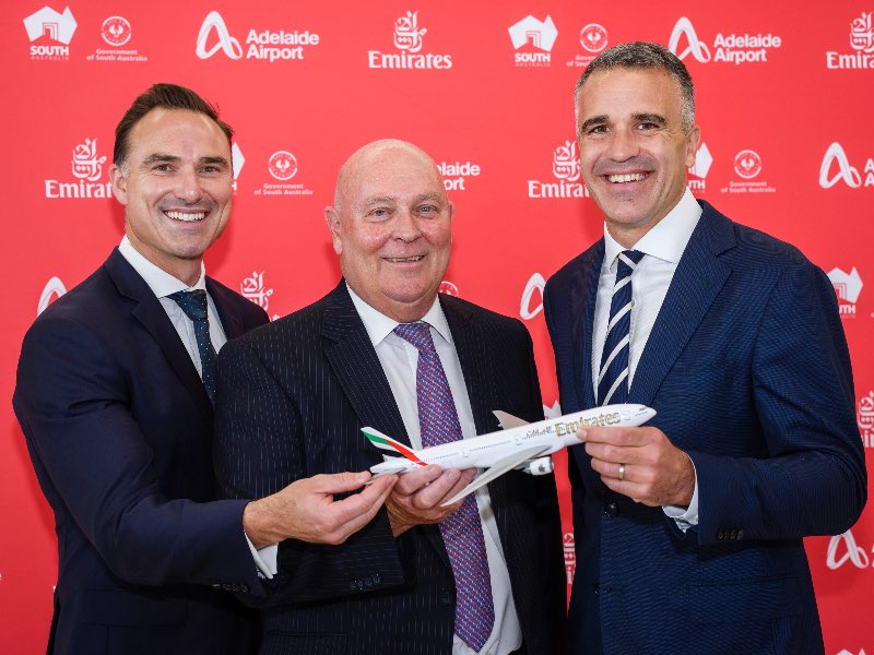 From left to right, Adelaide Airport Managing Director, Brenton Cox; Barry Brown, Divisional Vice President Australasia at Emirates and South Australia Premier, Peter Malinauskas announcing the return of Emirates flights to ADL