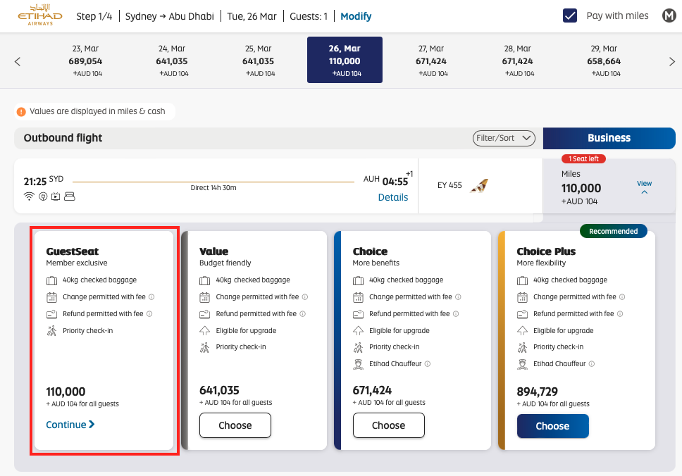 Etihad Guest business reward availability on EY455 on 19 March 2024