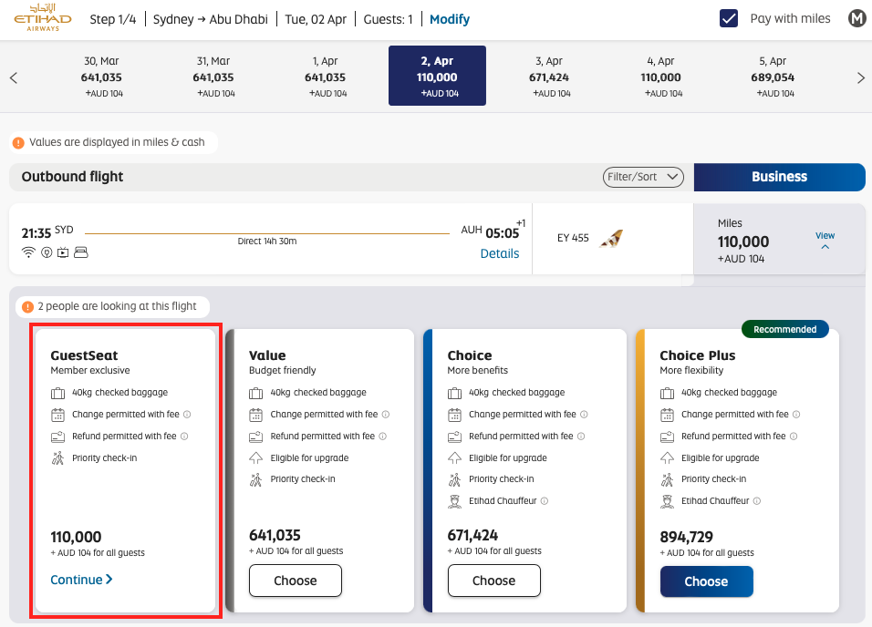 Etihad Guest business reward availability on EY455 on 2 April 2024